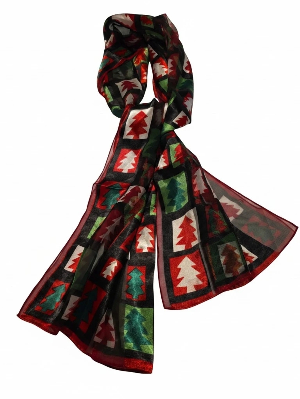 Festive Tree Print Sheer Scarf - Red & Green